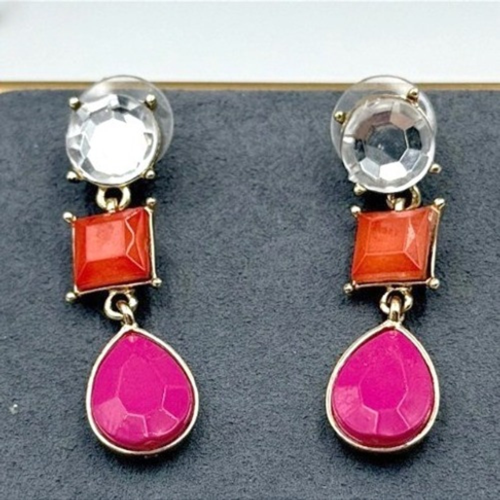 Vintage Women's Pink Orange Gold Tone Stud Screw Back Beauty Dangle Earrings Y2K